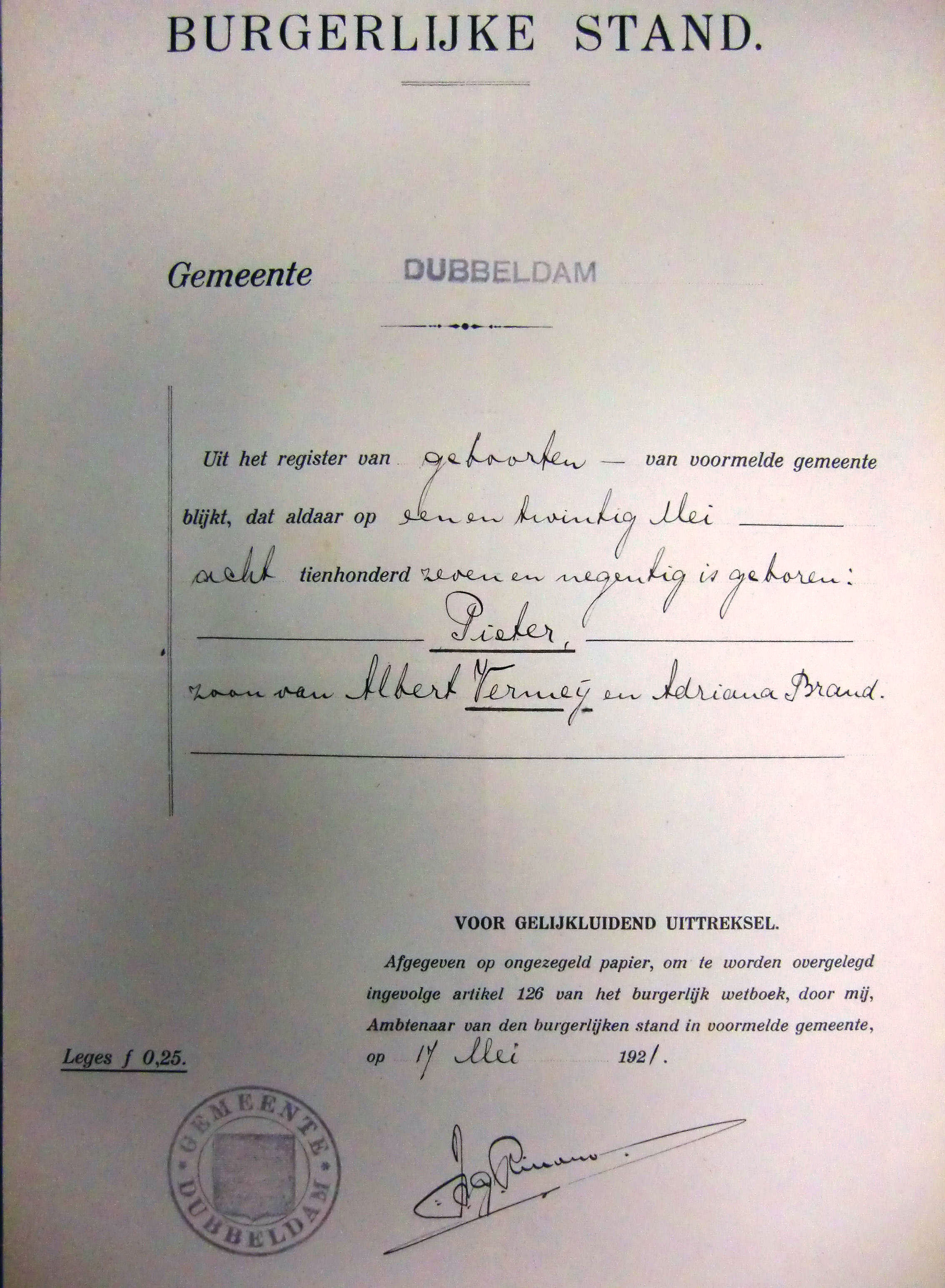 geb. akte Pieter Vermeij 1897