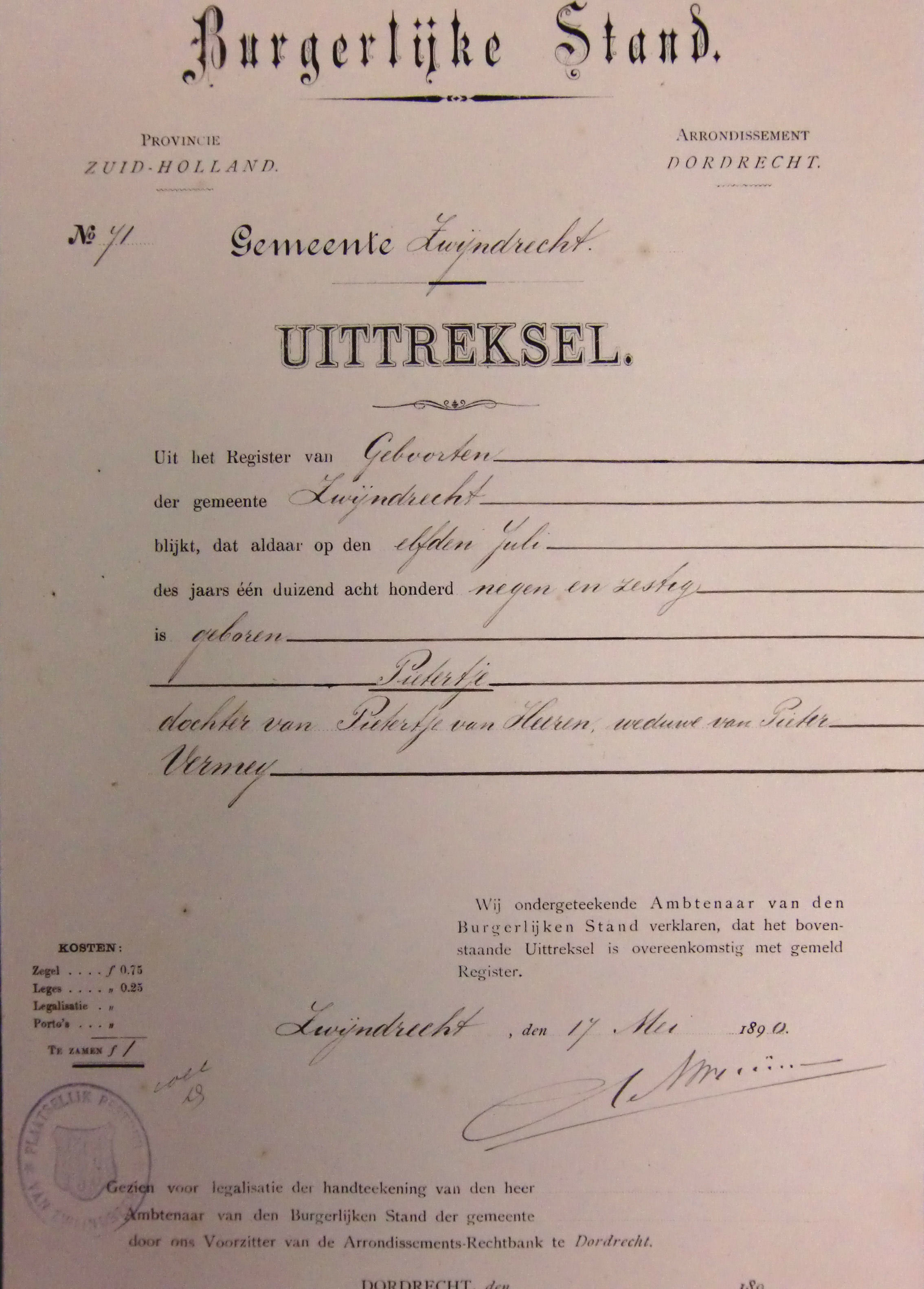 geboorte akte van Pietertje Vermeij 1869