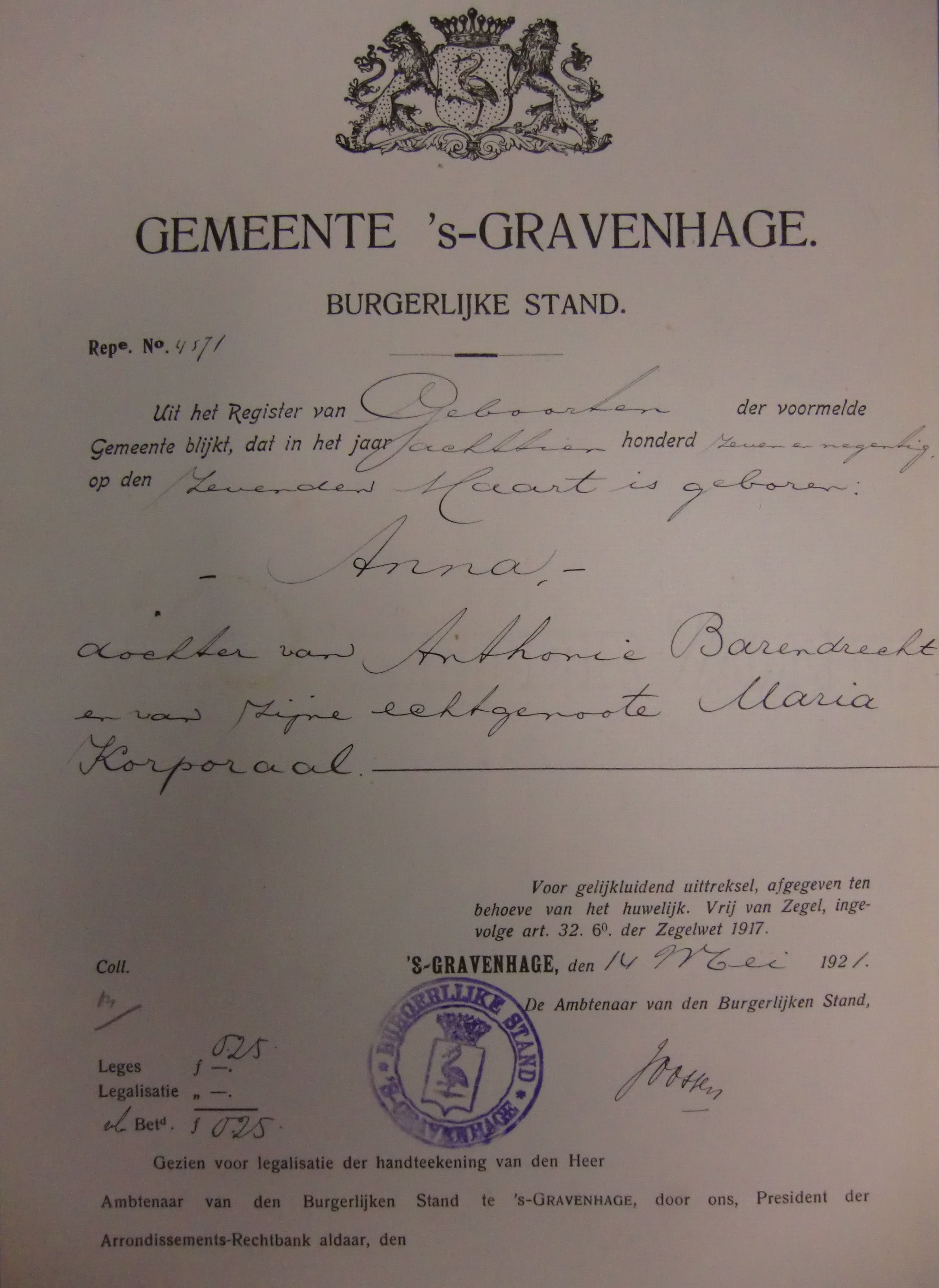 geboorteakte van Anna Barendrecht 1897