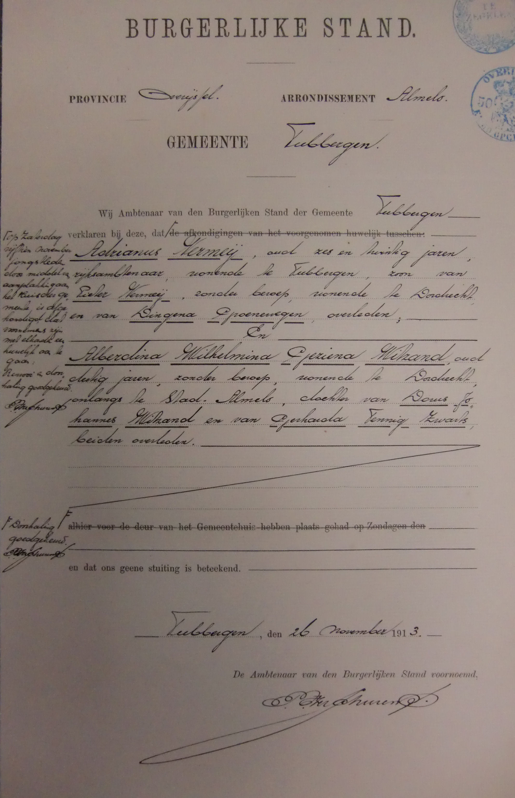 huwelijks aankondiging Adrianus Vermeij 1887