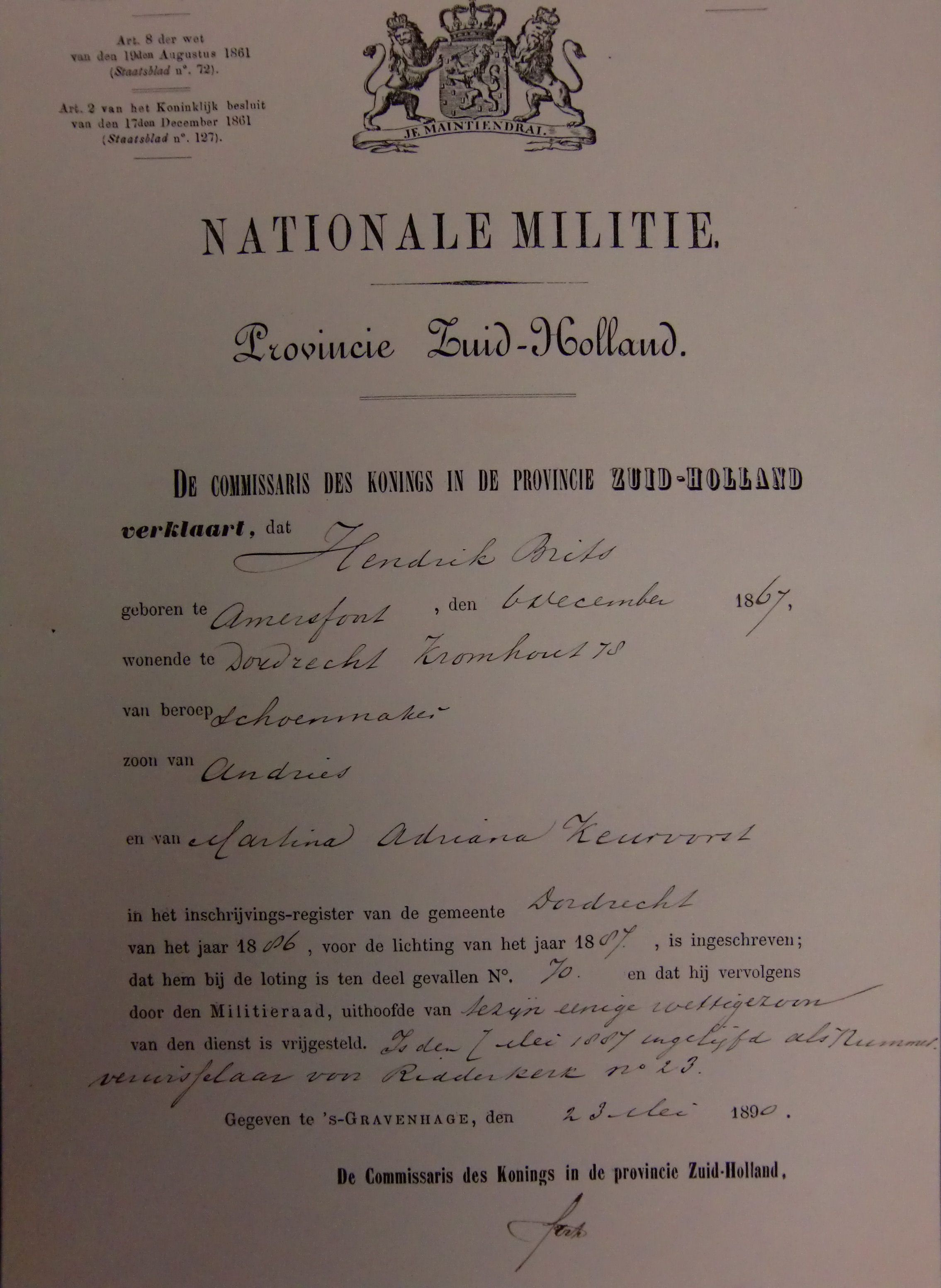 akte militie Hendrik Brits 1867